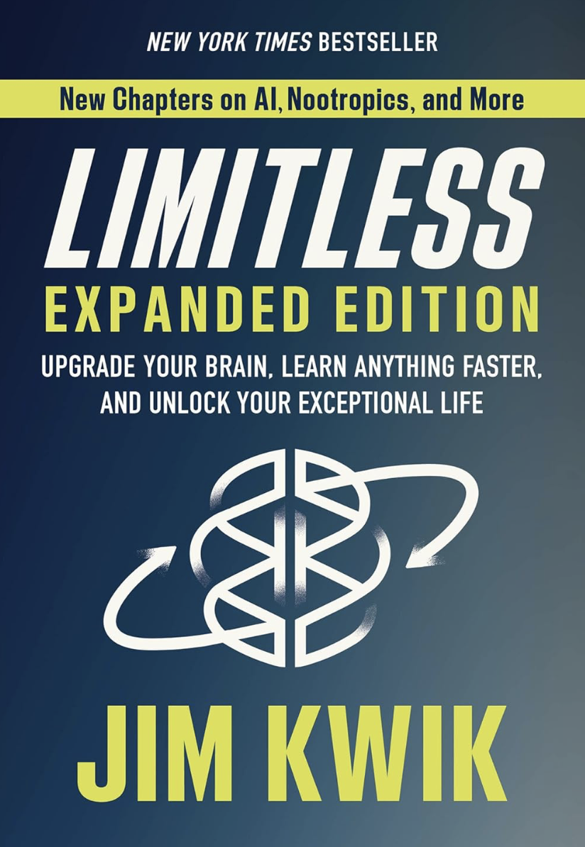 Cover for the book Limitless by Jim Kwik. It's a blue background with white and yellow writing and a logo in the middle, and it also says upgrade your brain, learn anything faster, and unlock your exceptional life.