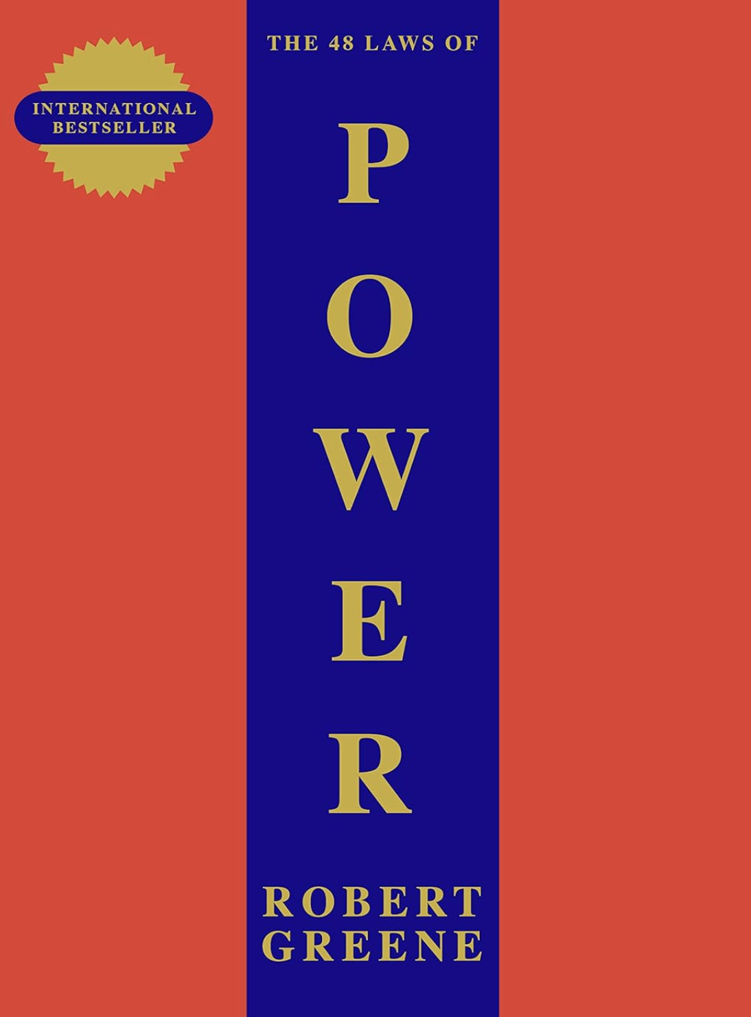 Orange red book cover with a blue vertical thick stripe down the front with the words Power by Robert Green in gold
